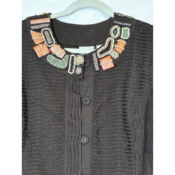 Chicos sz 2 Jacket‎ Blazer Women's Large Brown LIned African beaded Southwestern - Picture 2 of 9